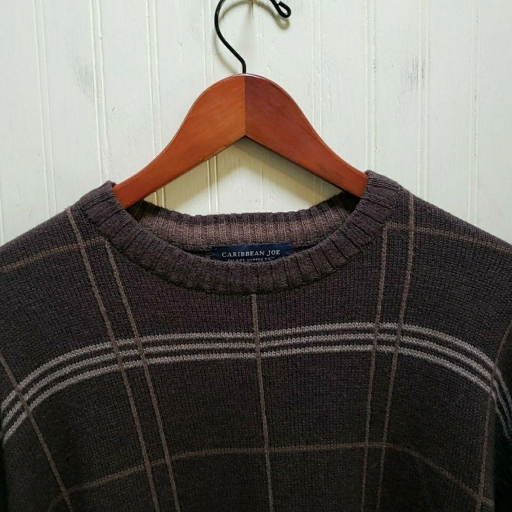 Caribbean Joe Sweater Mens Large Brown Plaid Crewneck Knit‎ Pullover Winter
